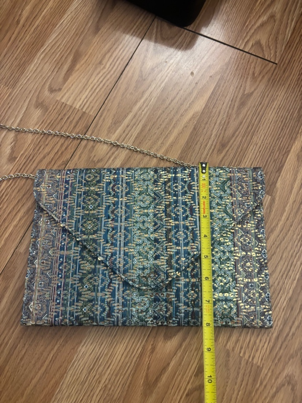 Metallic Blue Patterned Envelope Clutch with Gold Chain - Picture 4 of 7